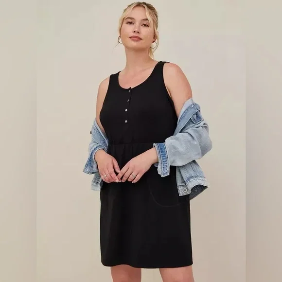 Torrid Mini Jersey Bodycon Dress Black 3 Plus Size 3X Pockets Sleeveless Snaps - Picture 3 of 13